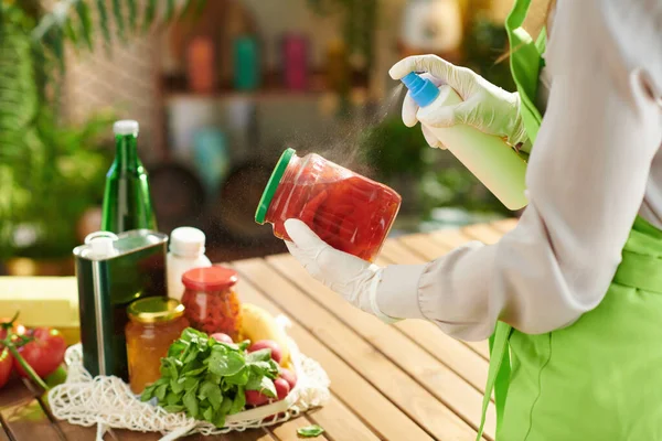 Primo Piano Sulla Donna Grembiule Verde Cucina Moderna Disinfezione Generi — Foto Stock