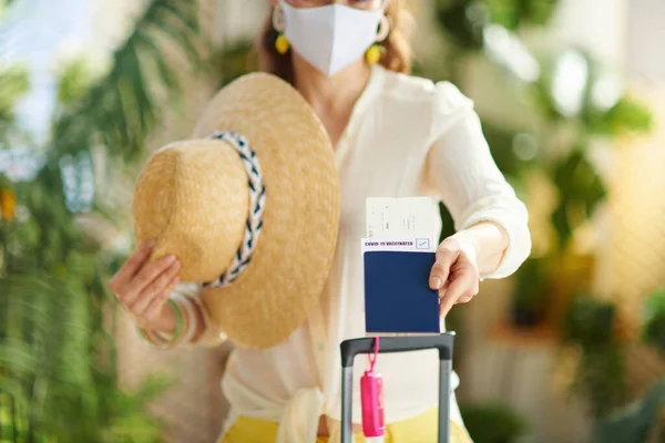 Travel Coronavirus Pandemic Closeup Traveller Woman Covid Passport Medical Mask — Stock Photo, Image