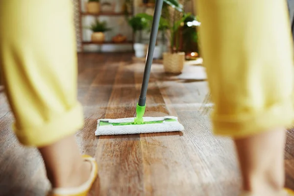 Primer Plano Mujer Con Fregona Haciendo Limpieza Casa Día Soleado — Foto de Stock