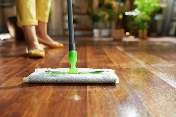 Closeup on middle aged woman with mop wet cleaning floor in the house in sunny day.