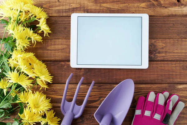 Cama Plana Resorte Con Tableta Herramientas Jardinería Guantes Crisantemos Mesa — Foto de Stock