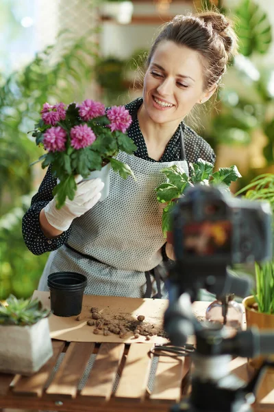 Relaxing home gardening. happy modern woman in white rubber gloves with potted plant records gardening educational video tutorials in the modern living room in sunny day.