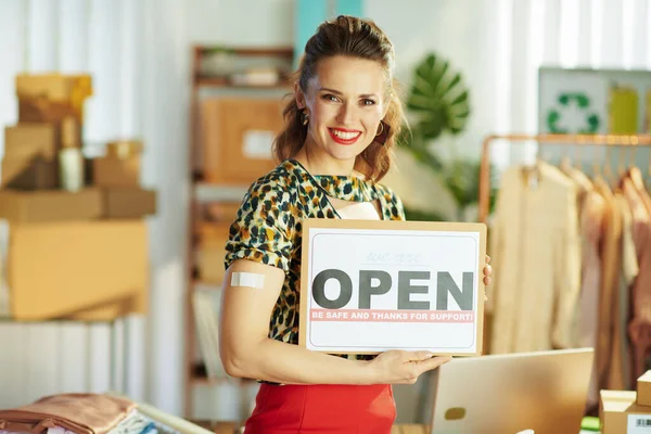 Portrait Happy Trendy Small Business Owner Woman Plaster Coronavirus Vaccine — Stock Photo, Image