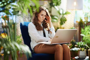 Yeşil Ev. Güneşli bir günde modern oturma odasında uzun dalgalı saçlı şık orta yaşlı bir kadın mavi bir koltukta otururken dizüstü bilgisayar kullanıyor..