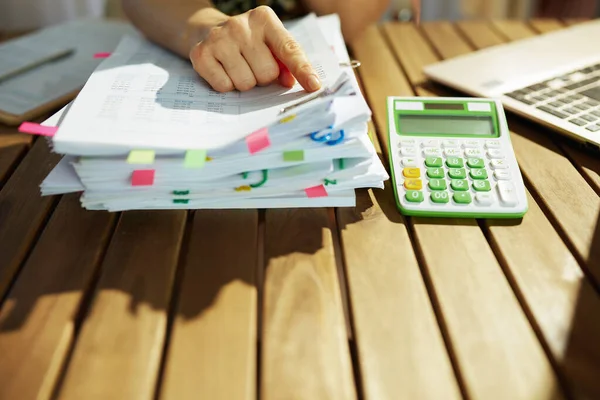 Tax Time Closeup Modern Years Old Accountant Woman Calculator Working — Stock Photo, Image
