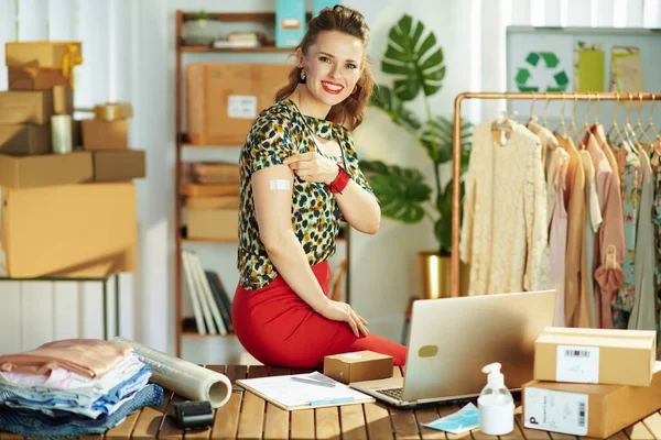 Happy Stylish Small Business Owner Woman Plaster Covid Vaccine Laptop — Stock Photo, Image