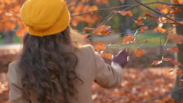 10月份 穿着棕色外套 头戴黄色帽子的现代女性在城市公园的室外微笑 这个视频是用Prores 422编解码器制作的 — 图库视频影像