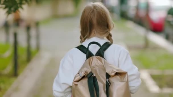 Δείτε Από Πίσω Από Παιδί Σακίδιο Πηγαίνει Στο Σχολείο Εξωτερικούς — Αρχείο Βίντεο
