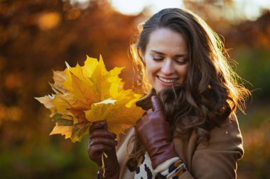 Merhaba Ekim. Sonbaharda şehir parkının dışındaki güz sarısı yapraklarıyla bej ceketli zarif orta yaşlı kadın gülümsüyor..