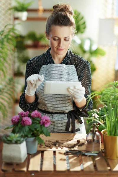 Grüne Heimat Junge Hausfrau Weißen Gummihandschuhen Mit Topfpflanze Tablet Modernen — Stockfoto
