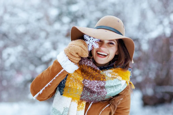 Portrait Happy Stylish Middle Aged Woman Brown Hat Scarf Mittens — Stock Photo, Image