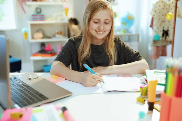 Happy Modern Child Grey Shirt Laptop Workbook Having Distance Education — Stock Photo, Image