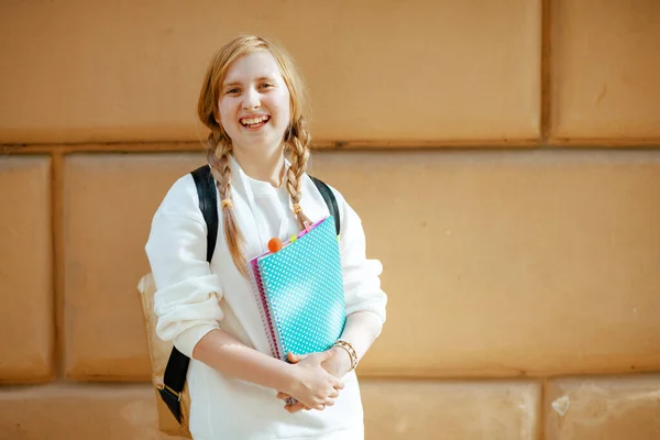 Retrato Menina Escola Moda Sorridente Camisola Branca Com Pasta Trabalho — Fotografia de Stock