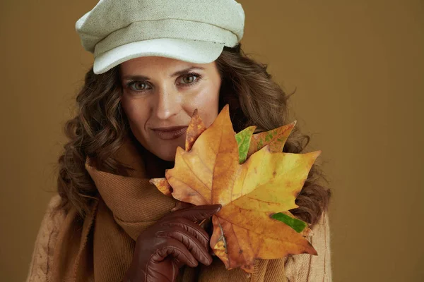 Hello September Portrait Modern Female Scarf Leather Gloves Yellow Autumn — Stock Photo, Image