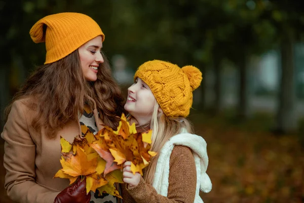 여러분 가을에는 공원의 야외에 가을노란 나뭇잎이 주황색 모자를 현대인 어머니와 — 스톡 사진