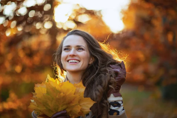 10月份 2009 13阅读 今年秋天 城市公园外身穿米黄色外套 长满秋天黄叶的40岁的美女笑了 — 图库照片