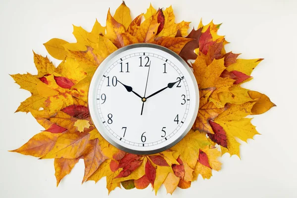 Hola Otoño Fondo Otoño Con Reloj Hojas Sobre Fondo Blanco —  Fotos de Stock