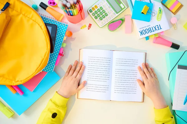 Back School Upper View Modern Pupil Open Book Workbooks Stationary — Stock Photo, Image