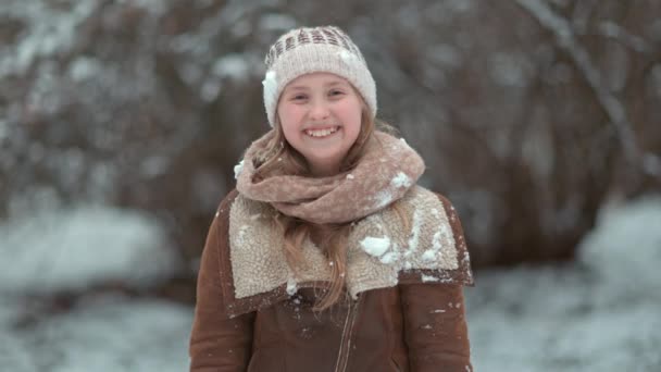 Portrait Smiling Stylish Girl Mittens Knitted Hat Sheepskin Coat Playing — Stock Video