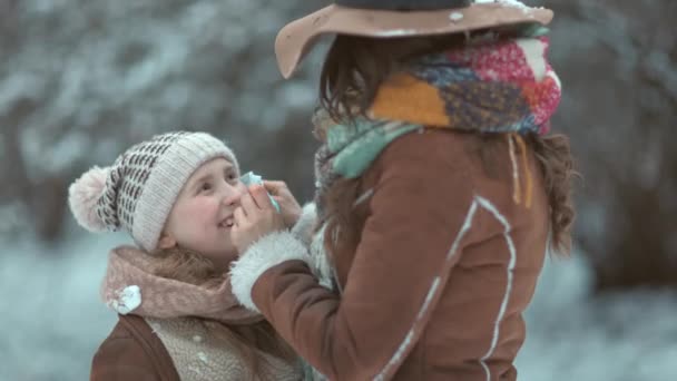 Stilvolle Mutter Und Tochter Hüten Und Schaffellmänteln Mit Medizinischer Maske — Stockvideo