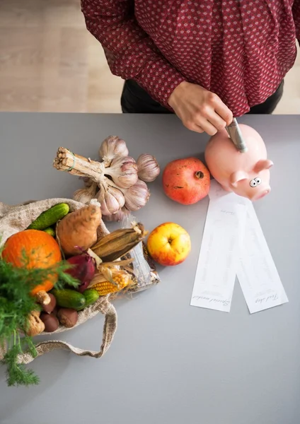 Closeup on young housewife putting money into piggy bank after s — Stock Photo, Image