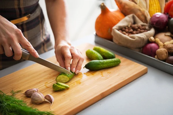 Closeup on young housewife cutting cucumber for pickling in kitc — Stock Photo, Image
