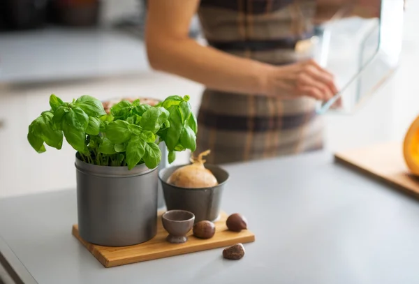 Gros plan sur le basilic frais sur la table et femme au foyer en arrière-plan — Photo