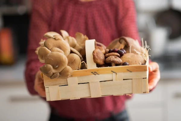 Primo piano sulla giovane casalinga mostrando cesto con funghi — Foto Stock