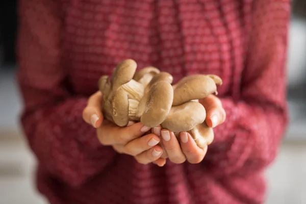 Closeup on young housewife showing oyster mushrooms — Stock Photo, Image