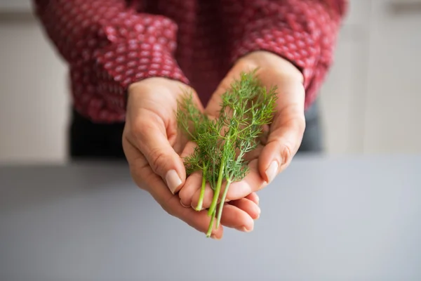 Closeup on young housewife showing fresh dill — Stock Photo, Image