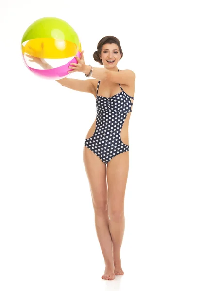 Full length portrait of happy young woman in swimsuit with beach — Stock Photo, Image