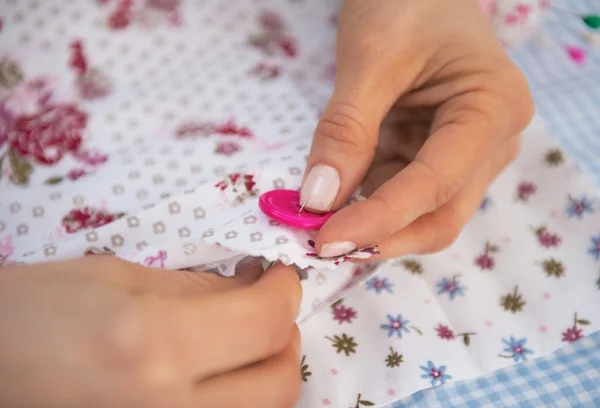 Closeup on dressmaker woman sewing — Stock Photo, Image