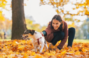 neşeli köpek ve açık havada içinde tutan genç kadın portre bir