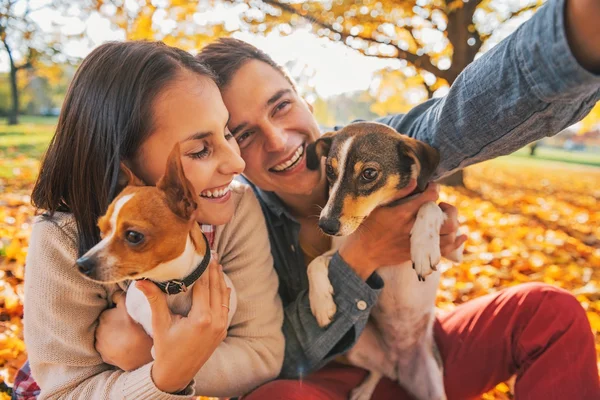 Smiling young couple with dogs outdoors in autumn park making se — Stock Photo, Image