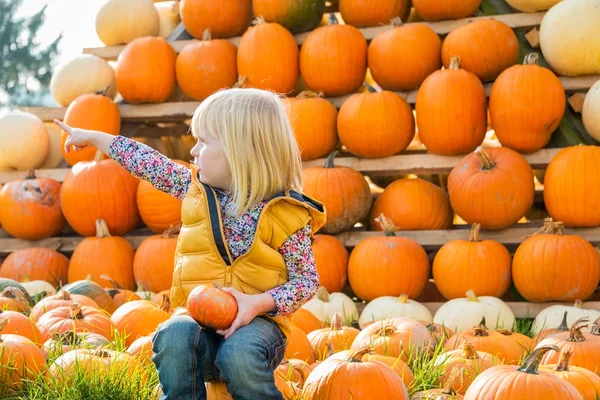 Niño sentado en la calabaza y señalando —  Fotos de Stock