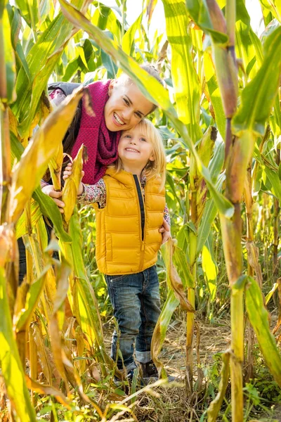 Portret van gelukkige moeder en kind in cornfield — Stockfoto