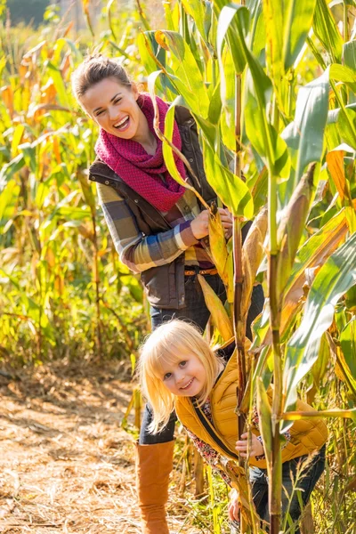 Portret van gelukkige moeder en kind in cornfield — Stockfoto