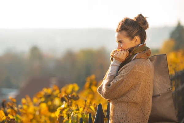 Portrait of thoughtful young woman in autumn outdoors — Stock Photo, Image