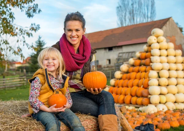 Porträt einer glücklichen Mutter und eines glücklichen Kindes auf Heu und Holdi — Stockfoto