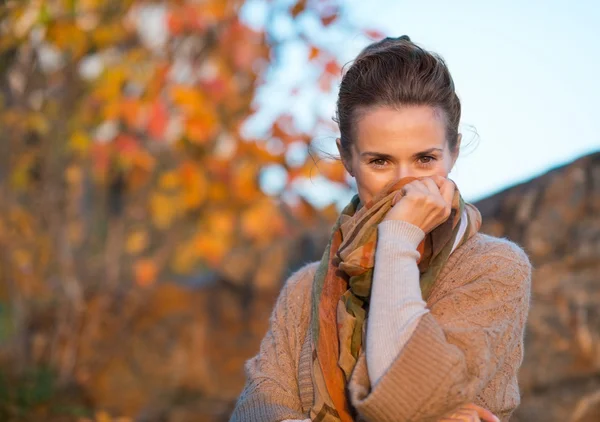 Young woman hiding in scarf in autumn evening — Stock Photo, Image