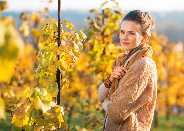 Портрет вдумчивой молодой женщины, стоящей в осеннем винограднике — стоковое фото