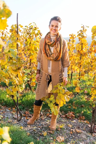Full length portrait of happy young woman in autumn vineyard — Stock Photo, Image
