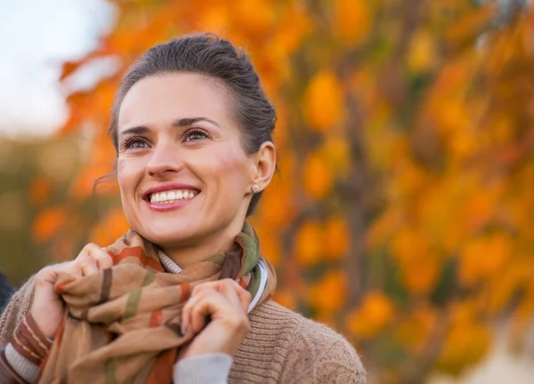 Portrait de jeune femme heureuse en automne en plein air le soir — Photo