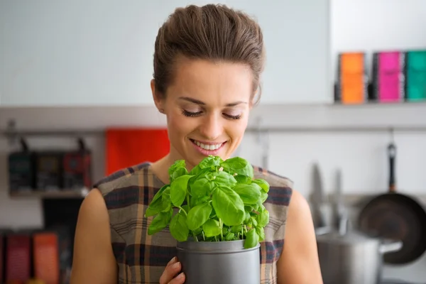 Smiling woman holding and smelling pot of fresh basil — Stock Photo, Image