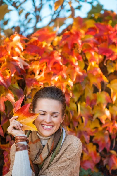 Retrato de mulher sorridente com folhas de outono na frente da folhagem — Fotografia de Stock