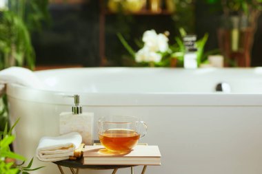 Yakın plan çekimde sıcak bir çay fincanı, kitaplar ve havluyla beyaz bir küvetin yanına kurulmuş bir sehpa ön plana çıkıyor. Bulanık yeşil bitkilere karşı, bu sakin, kendine bakabilen bir spa merkezi tanımlar..