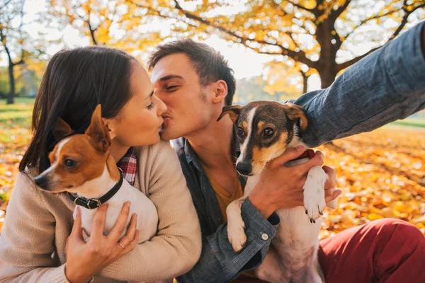 Pareja con perros haciendo selfie mientras se besa en el parque de otoño — Foto de Stock