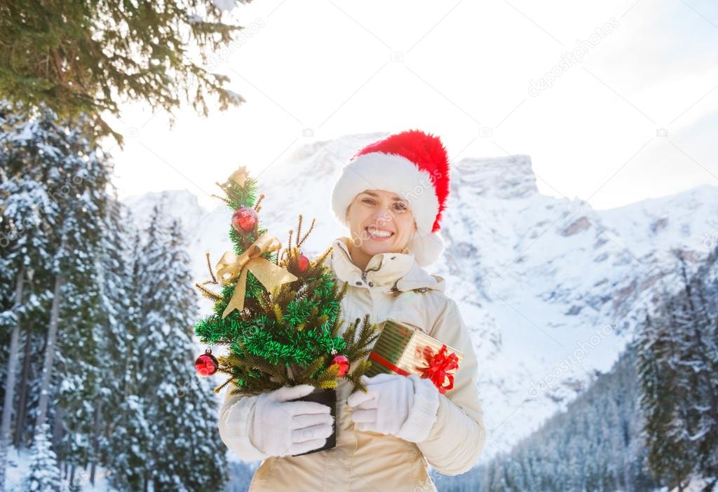 Woman with Christmas tree and gift box in the front of mountains