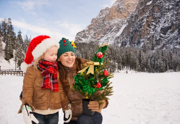 Madre e hijo mirando el árbol de Navidad frente a las montañas —  Fotos de Stock