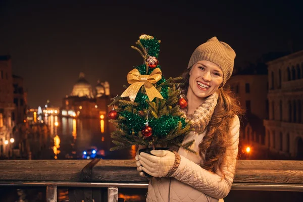 Молодая женщина с рождественской елкой стоит на мосту в Венеции — стоковое фото